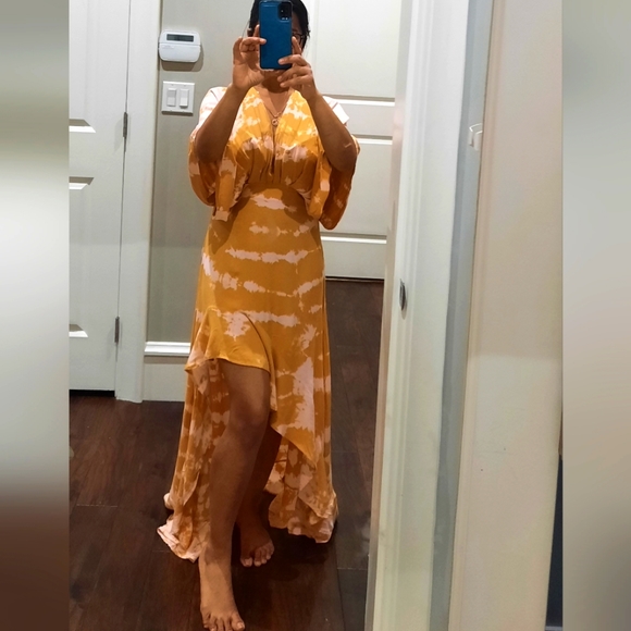 YFB tie and dye, high low dress, pure rayon deep v neck - Picture 2 of 3